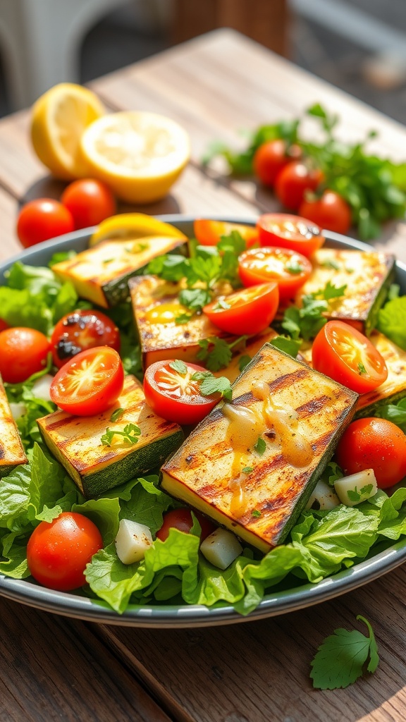 Grilled zucchini and halloumi salad with cherry tomatoes, fresh herbs, and lemon vinaigrette.